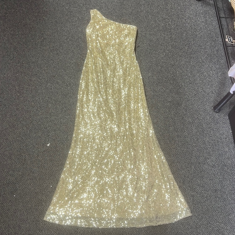 JS BOUTIQUE | champagne/gold sequin one shoulder prom/ military ball gown dress